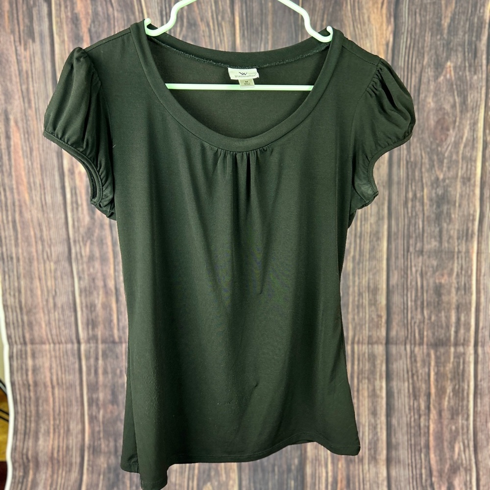 Worthington Green Puff Sleeve Ruched Blouse